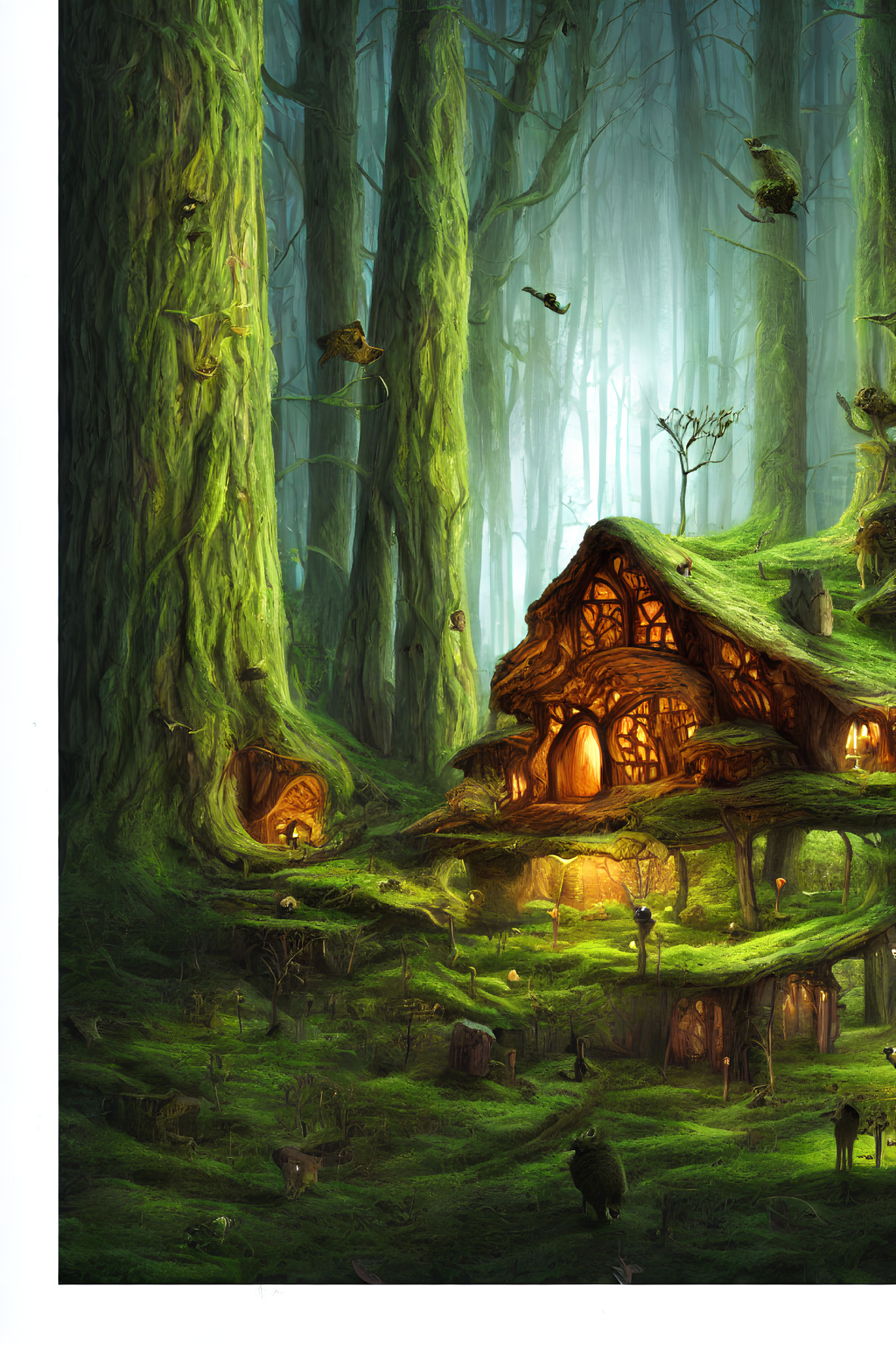 Whimsical enchanted forest scene with glowing treehouse and floating fish