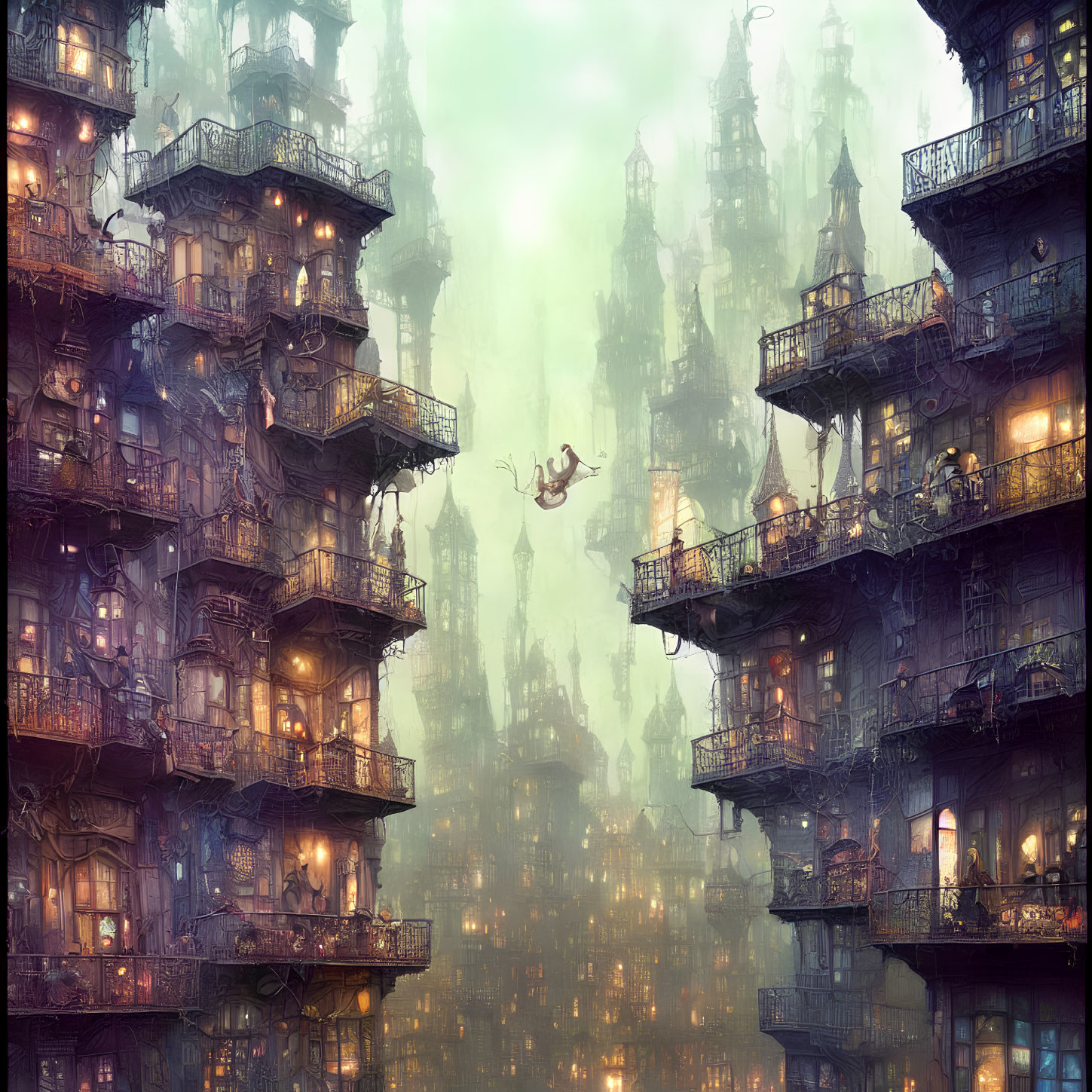 Fantastical cityscape with eclectic, mist-shrouded buildings and leaping figure