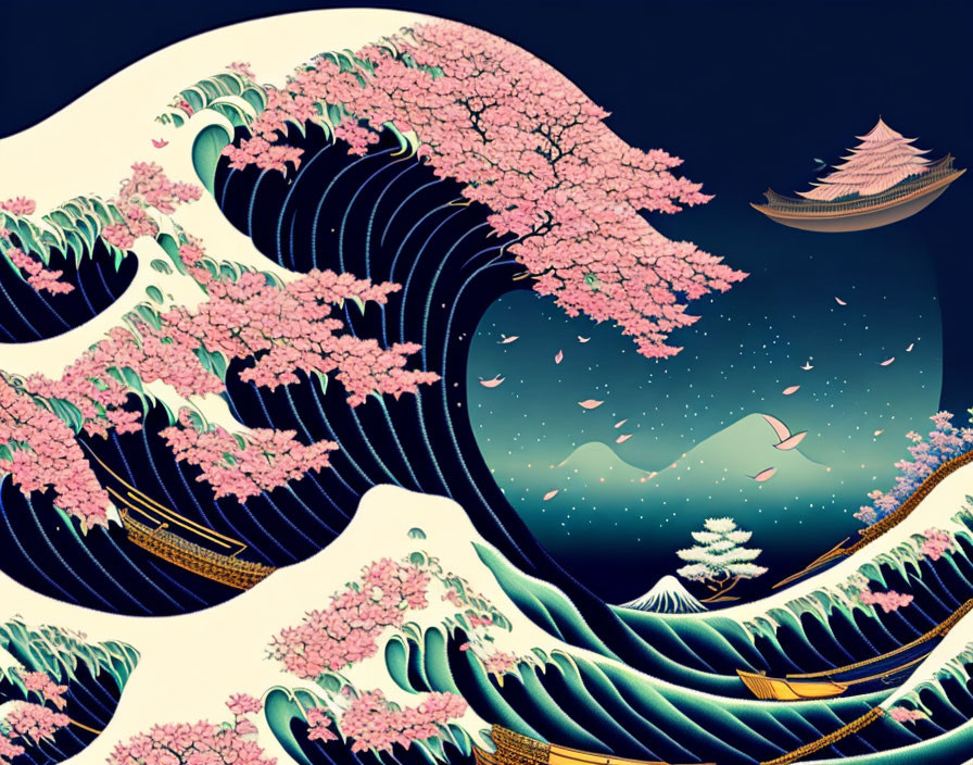 Artistic fusion: Great Wave with cherry blossoms, boats, starry night sky