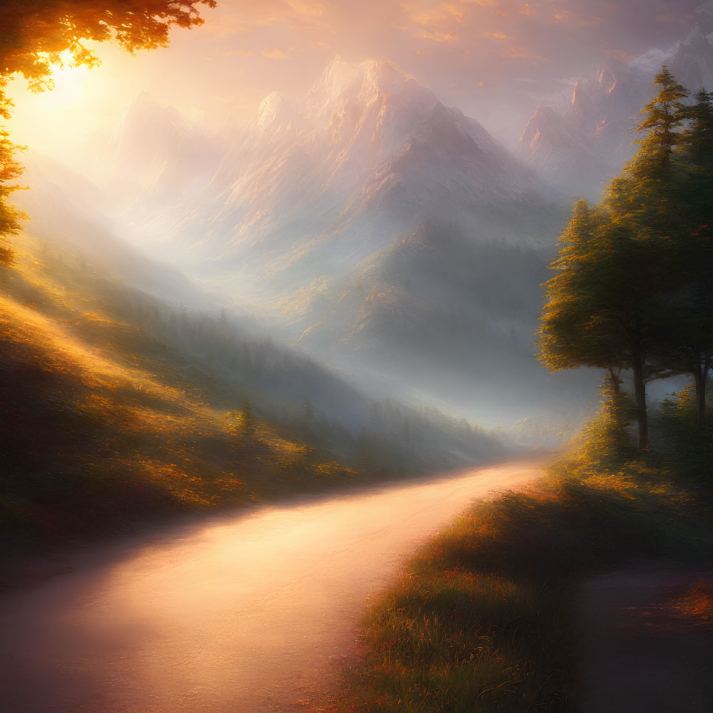 Scenic mountain path at sunrise or sunset with mist and trees.