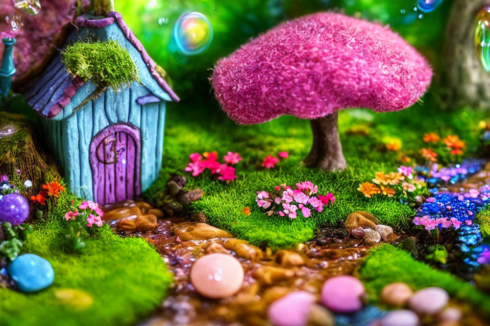 Whimsical fairy garden with pink tree, blue door, colorful flowers