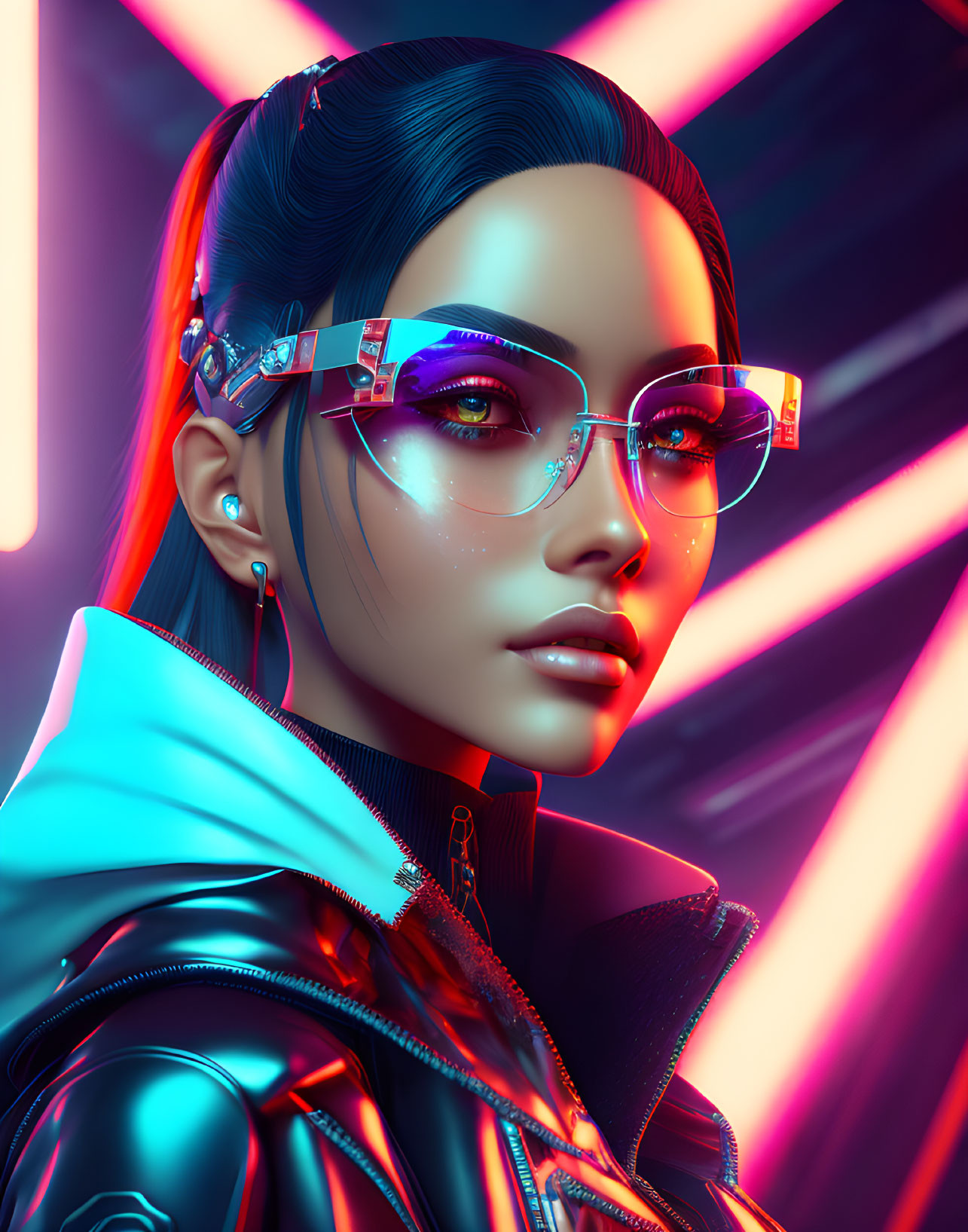 Sleek futuristic woman with holographic glasses and shiny jacket in neon light portrait