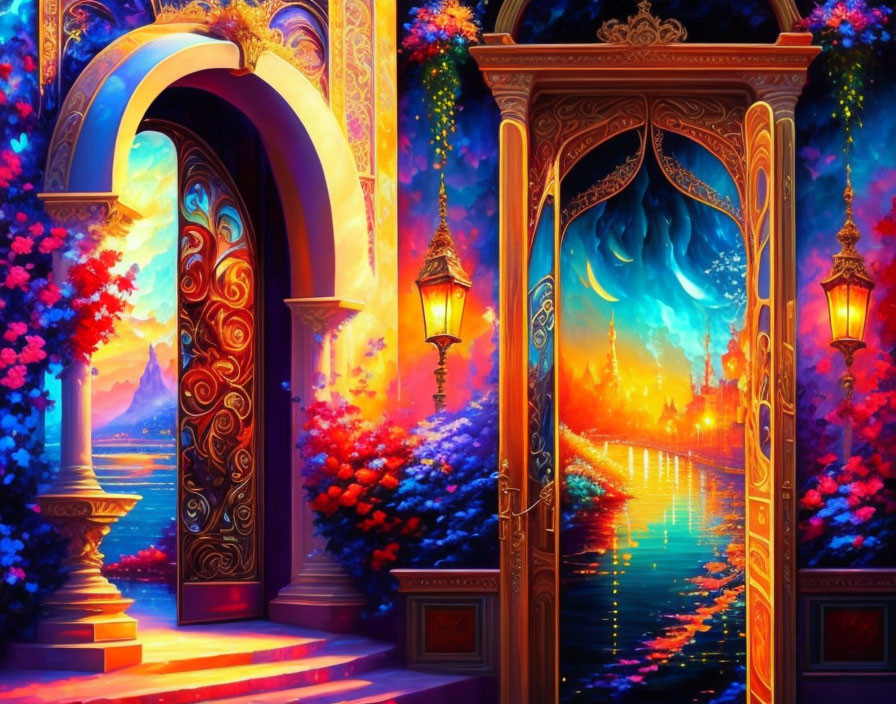 Fantasy landscape with vibrant flowers, golden door, magical city, blue river, twilight sky