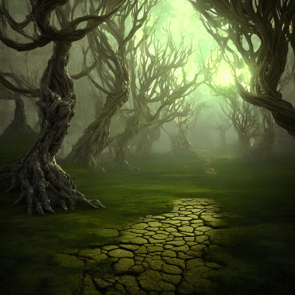 Mystical forest with twisted trees, green light, cracked stone path