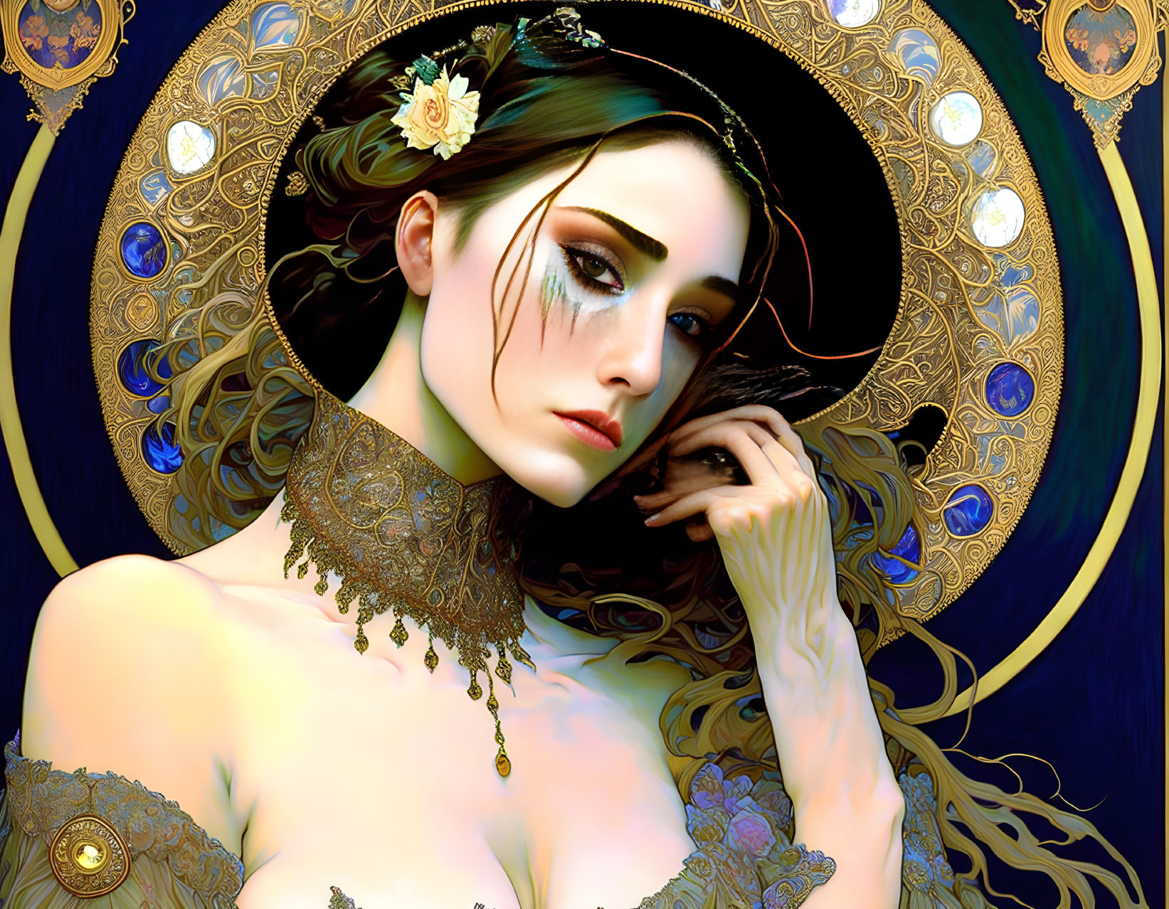 Intricate digital artwork of a woman with golden jewelry on blue background