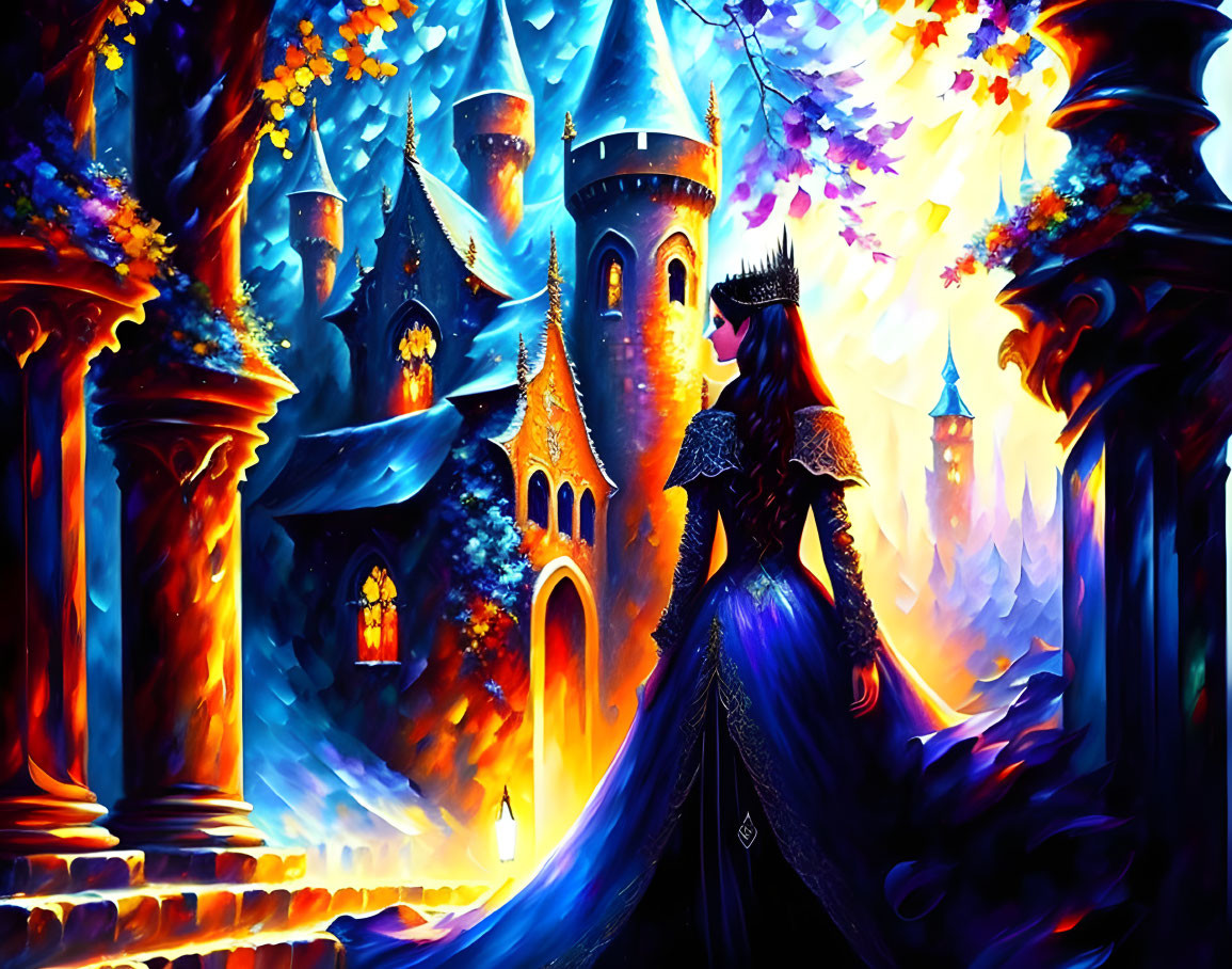 Woman in dark gown before vibrant, fantastical castle at twilight