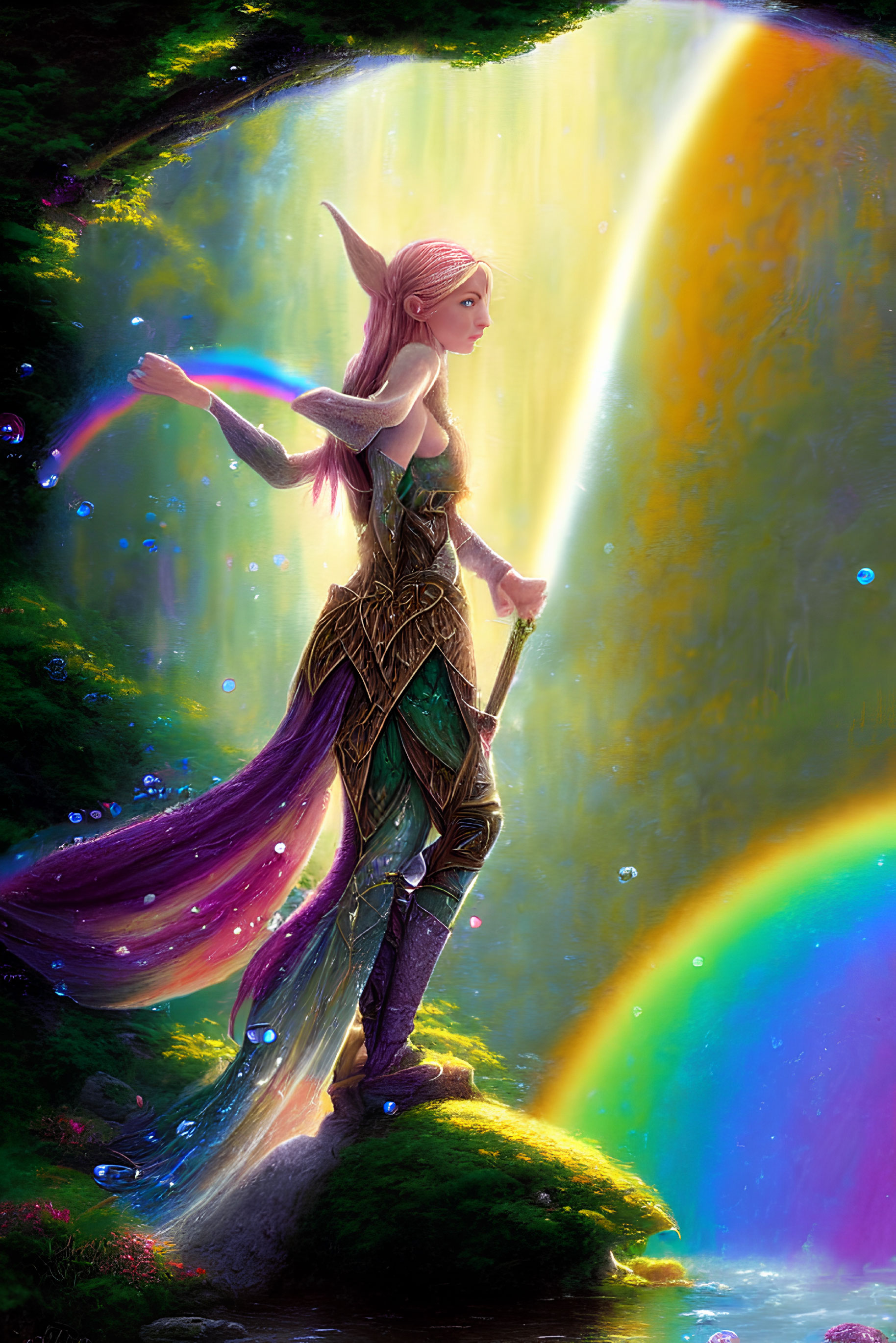 Ethereal elf in green armor by glowing waterfall