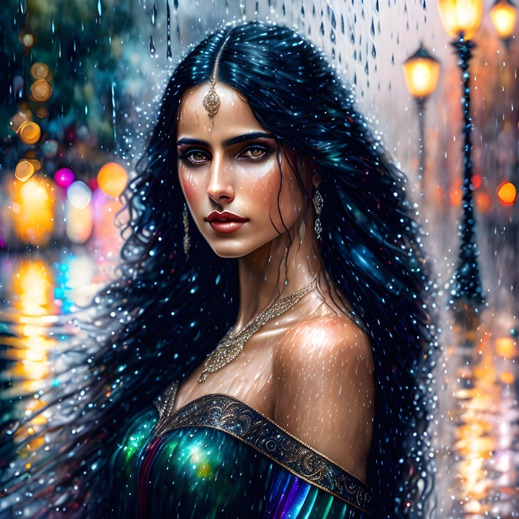 Illustrated woman with long dark hair and blue eyes in jewelry against blurred cityscape with raindrops.