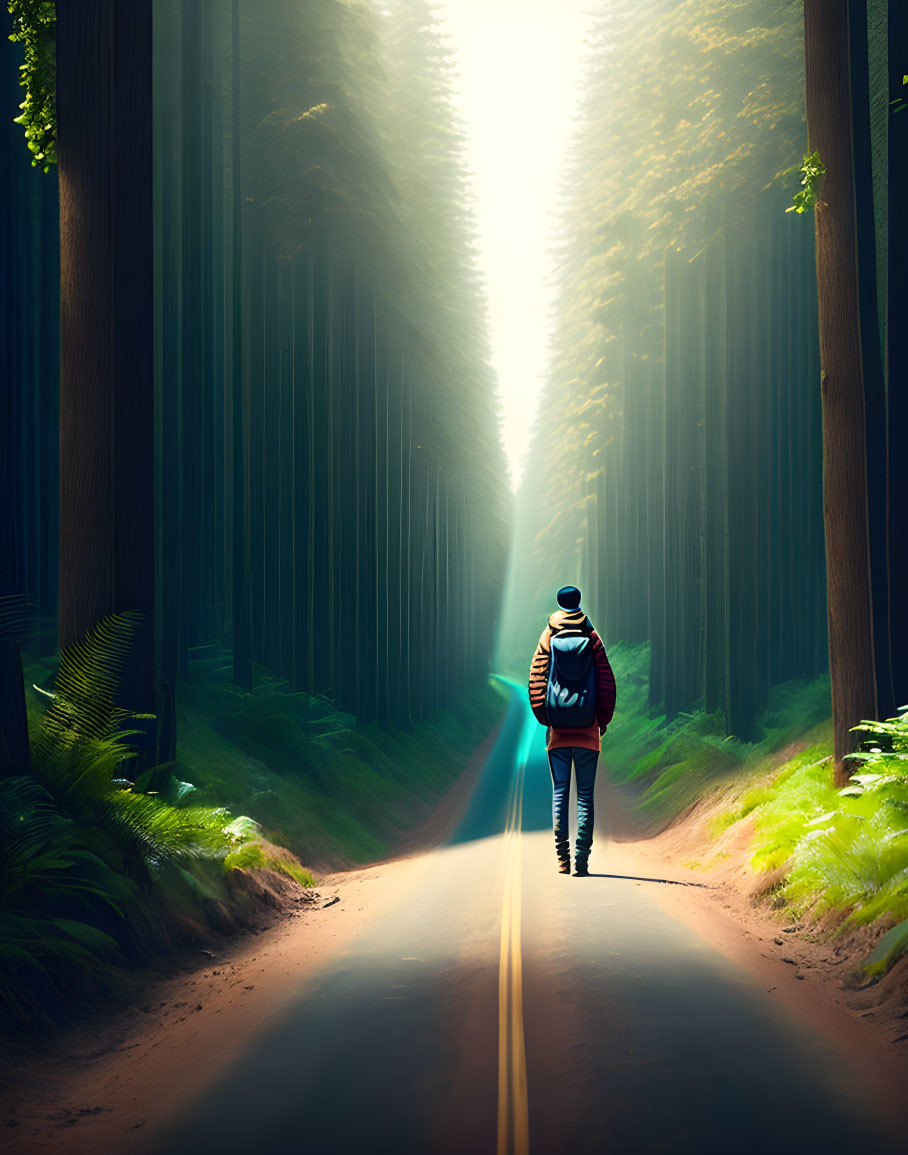 Hiker walking on sunlit forest path among tall trees