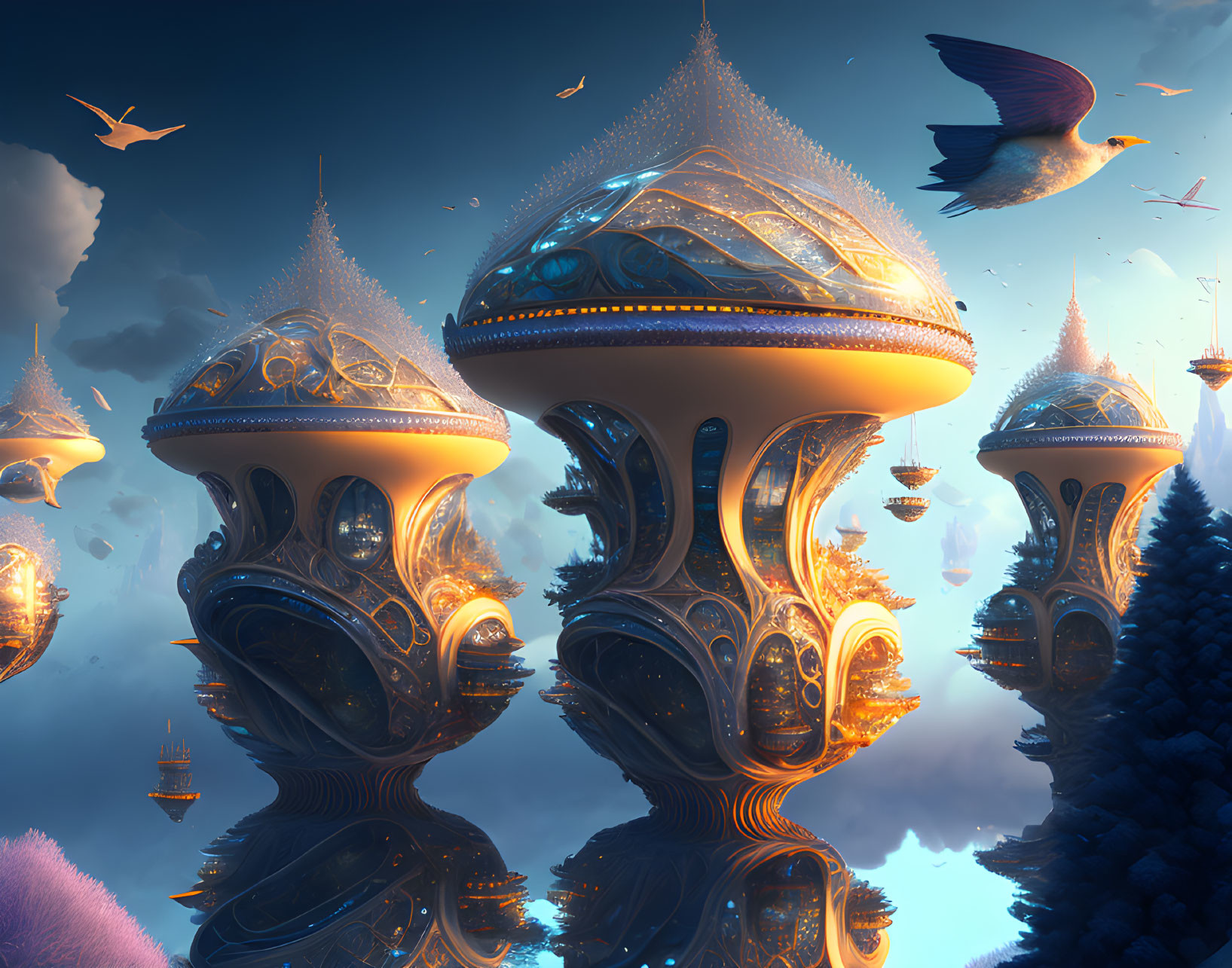 Ornate architecture in futuristic floating cityscape above tranquil waters