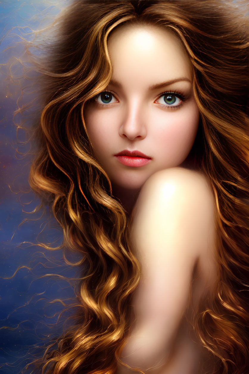 Digital portrait of woman with curly hair, blue eyes, and fair skin on abstract blue background