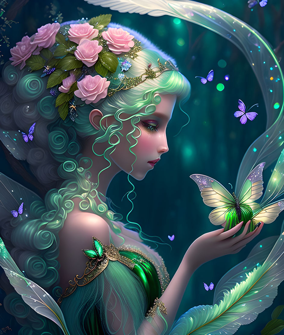 Mystical woman with green hair and butterfly in enchanted forest