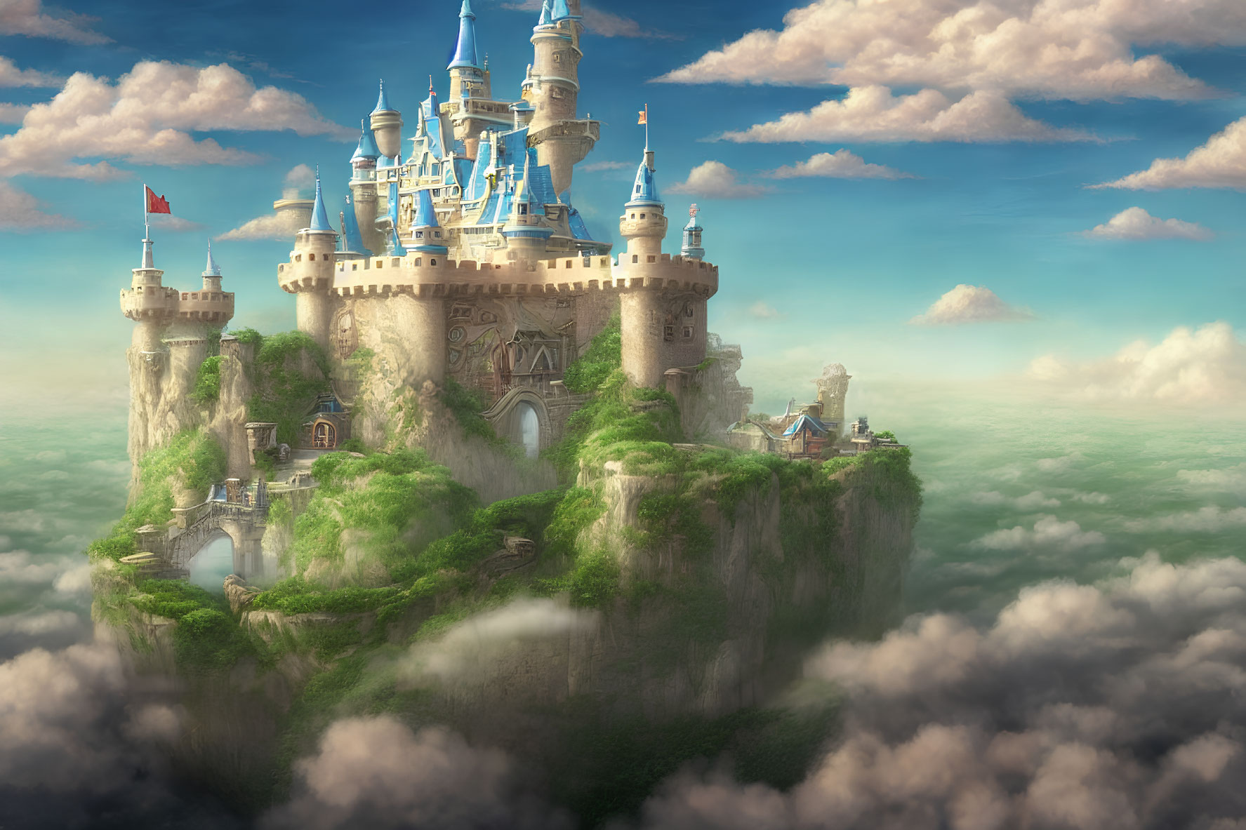 Majestic castle on green cliff under serene sky