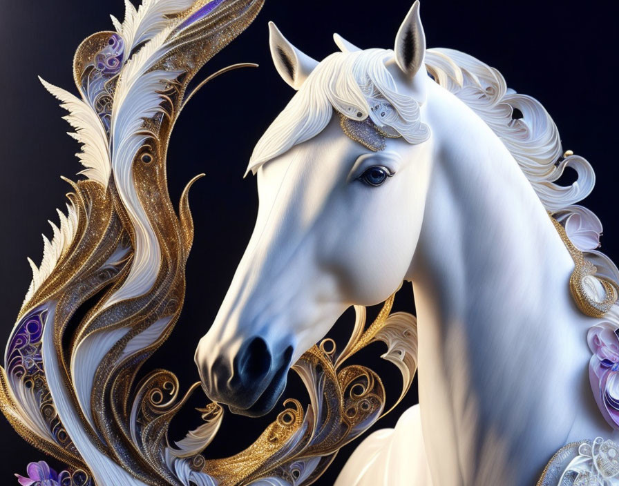 Majestic white horse with gold and purple decorations