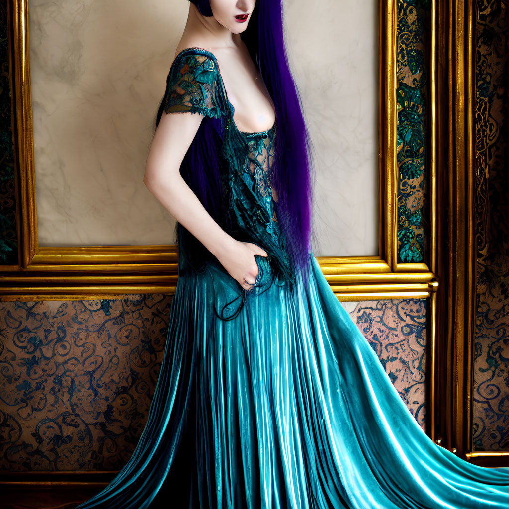 Purple-haired woman in teal dress against ornate golden frames