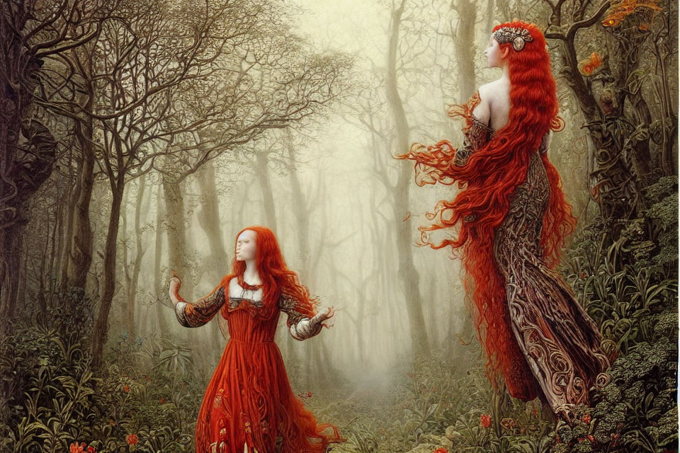 Ethereal women with vibrant red hair in misty woodland.