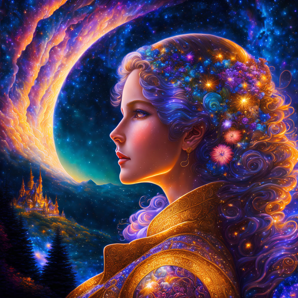 Digital artwork of woman with cosmic hair blending into starry sky and leading to celestial castle