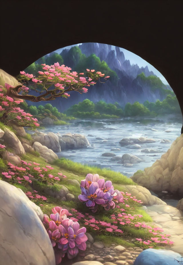 Tranquil landscape with river, rocks, greenery, and pink blossoming trees