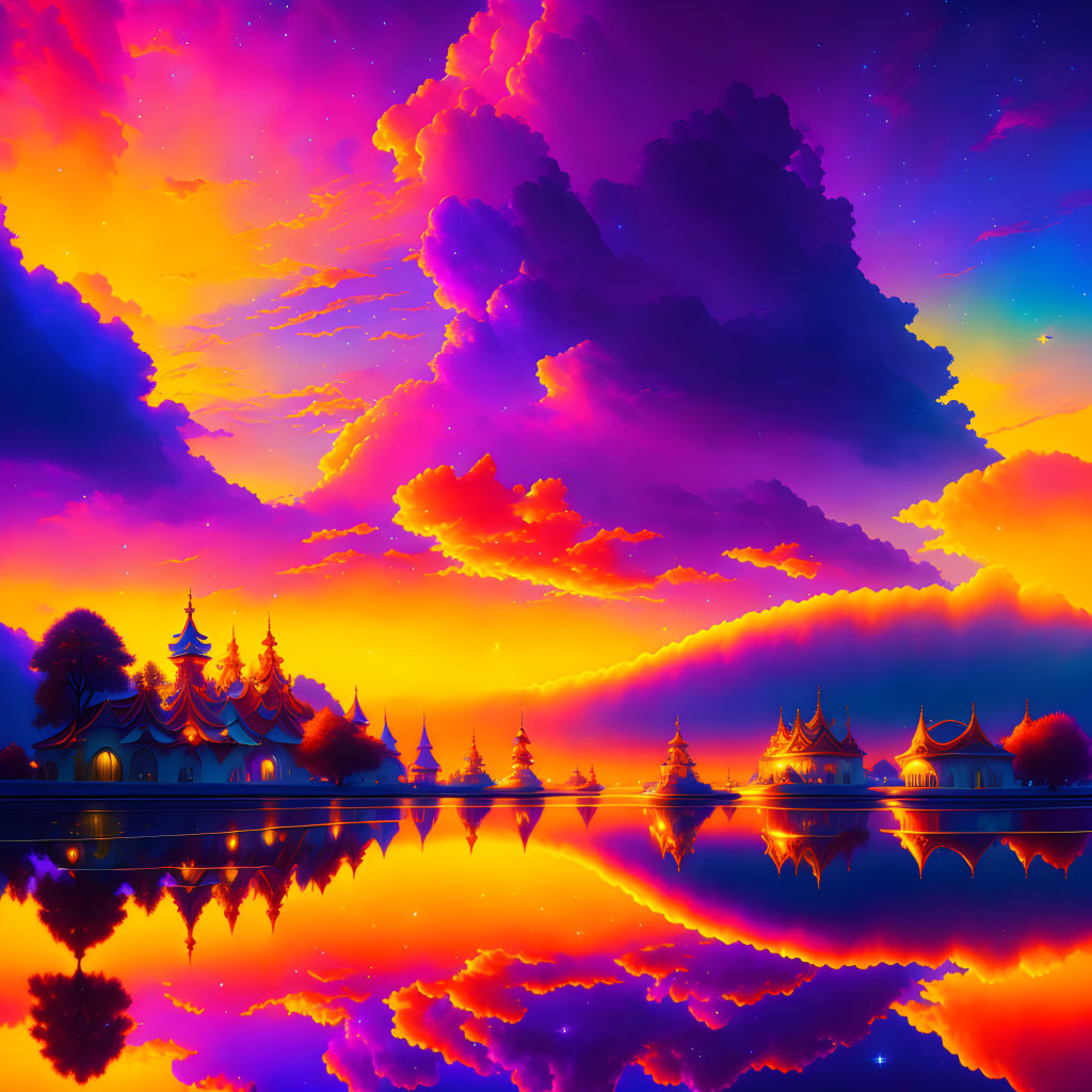 Colorful sunset over water with temple silhouettes: Purple and orange hues.