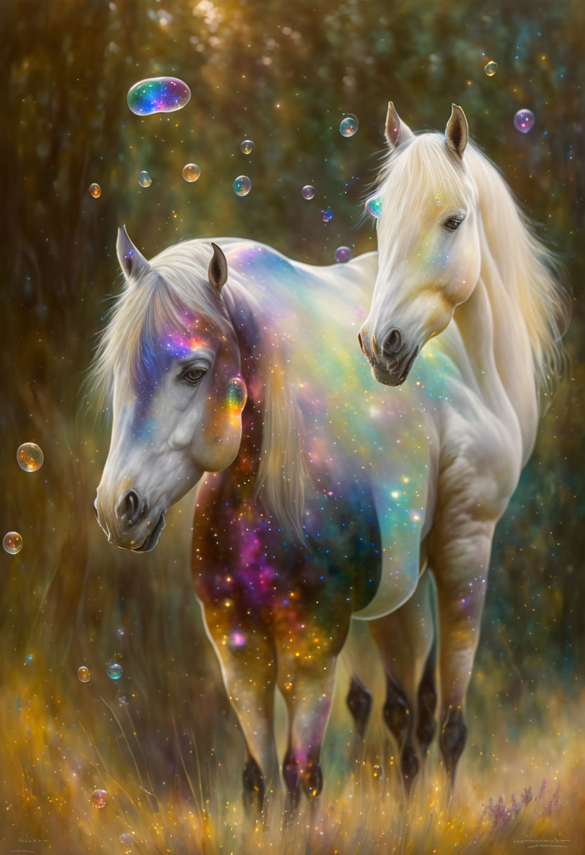 White Horses with Colorful Bubble Patterns on Golden Background