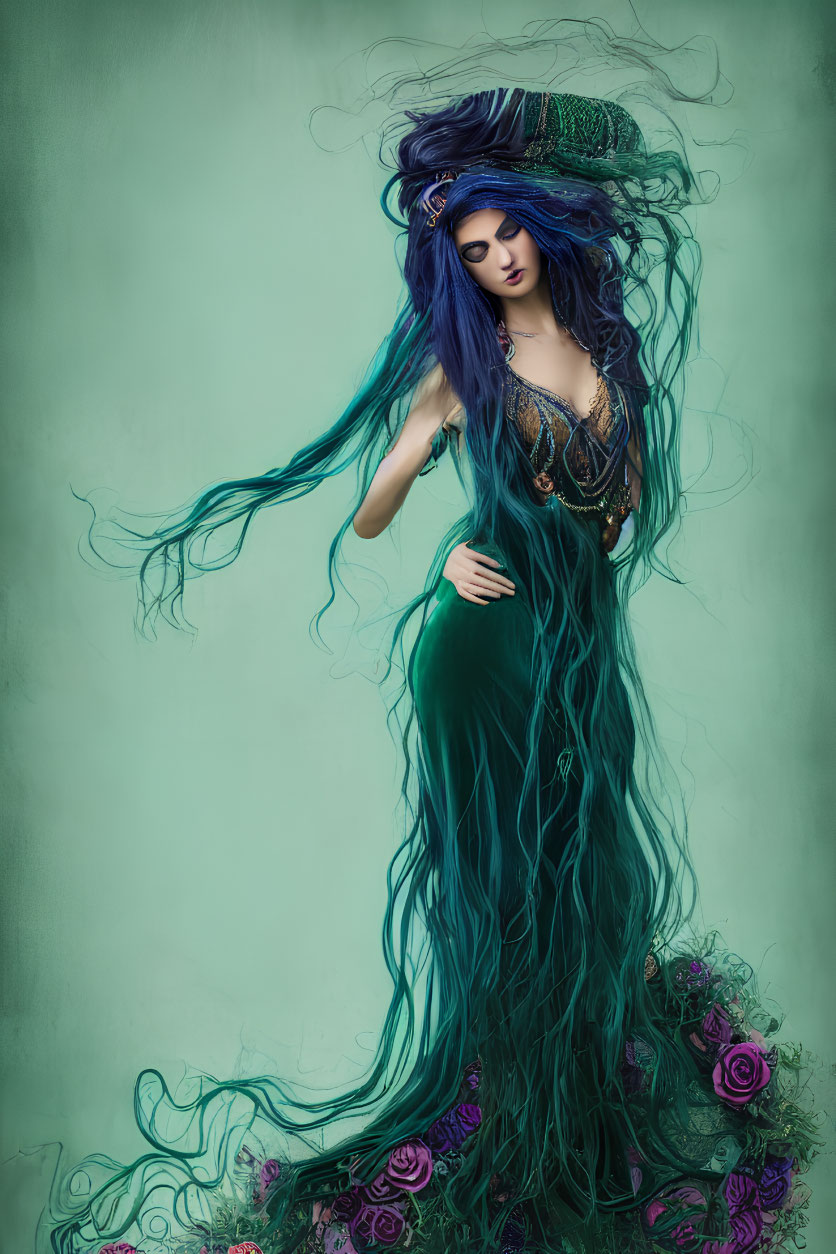 Woman with Long Blue Hair in Green Dress and Crown on Green Background with Purple Roses