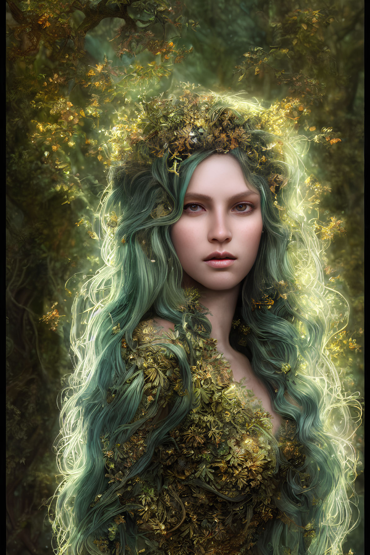 Digital artwork: Woman with green, wavy hair and gold leaf crown in mystical forest scene