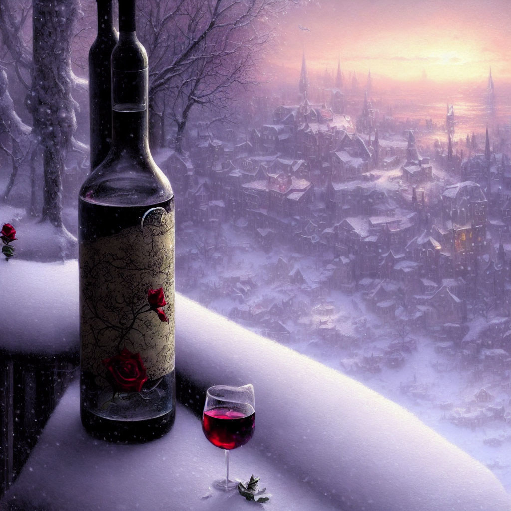 Red wine bottle and glass on snowy twilight village backdrop.