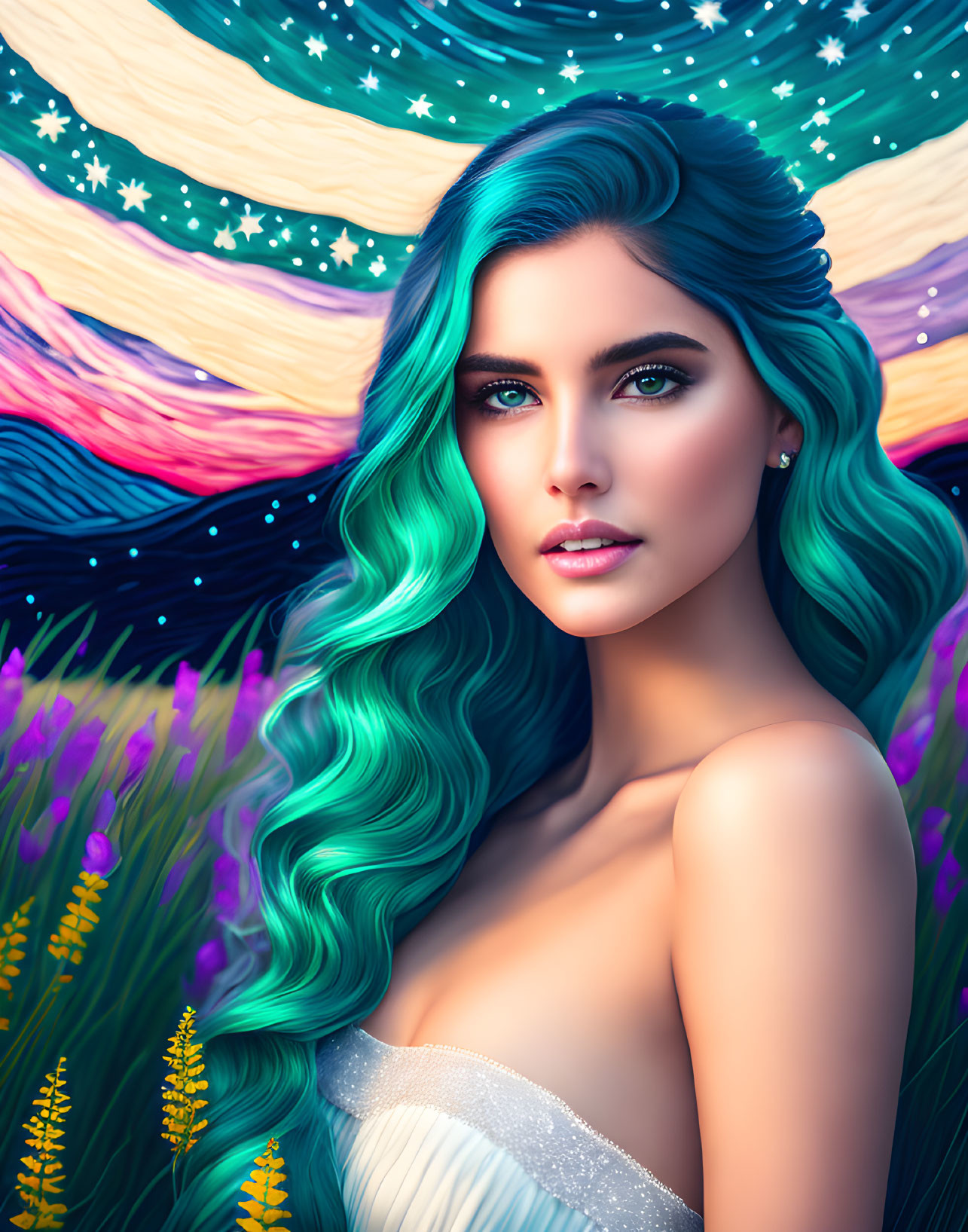 Vibrant turquoise hair and captivating blue eyes in whimsical digital artwork