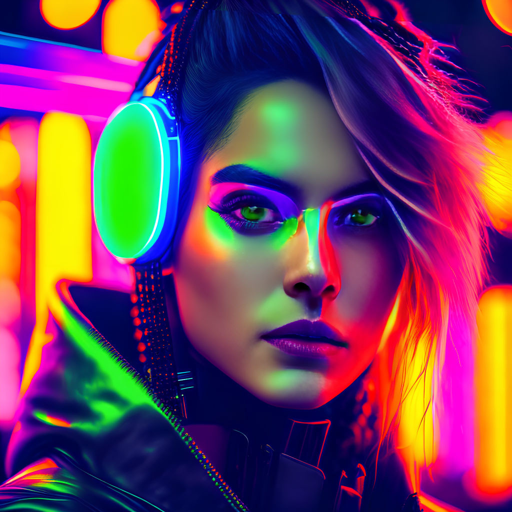 Woman with Headphones in Vibrant Neon-Lit Setting