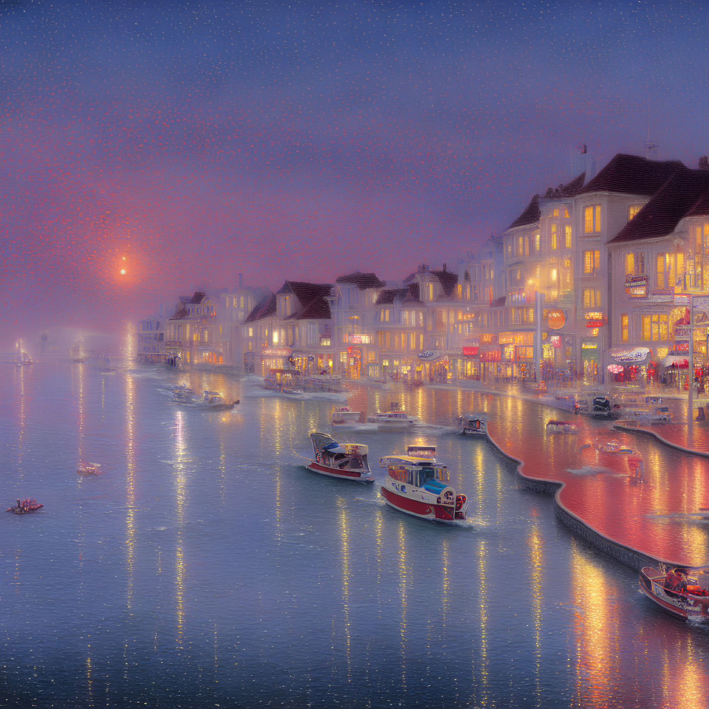 Tranquil riverside scene with boats and twinkling lights