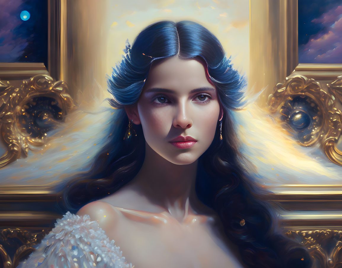 Portrait of Woman with Blue Wavy Hair and Intense Gaze in Ornate Golden Frame