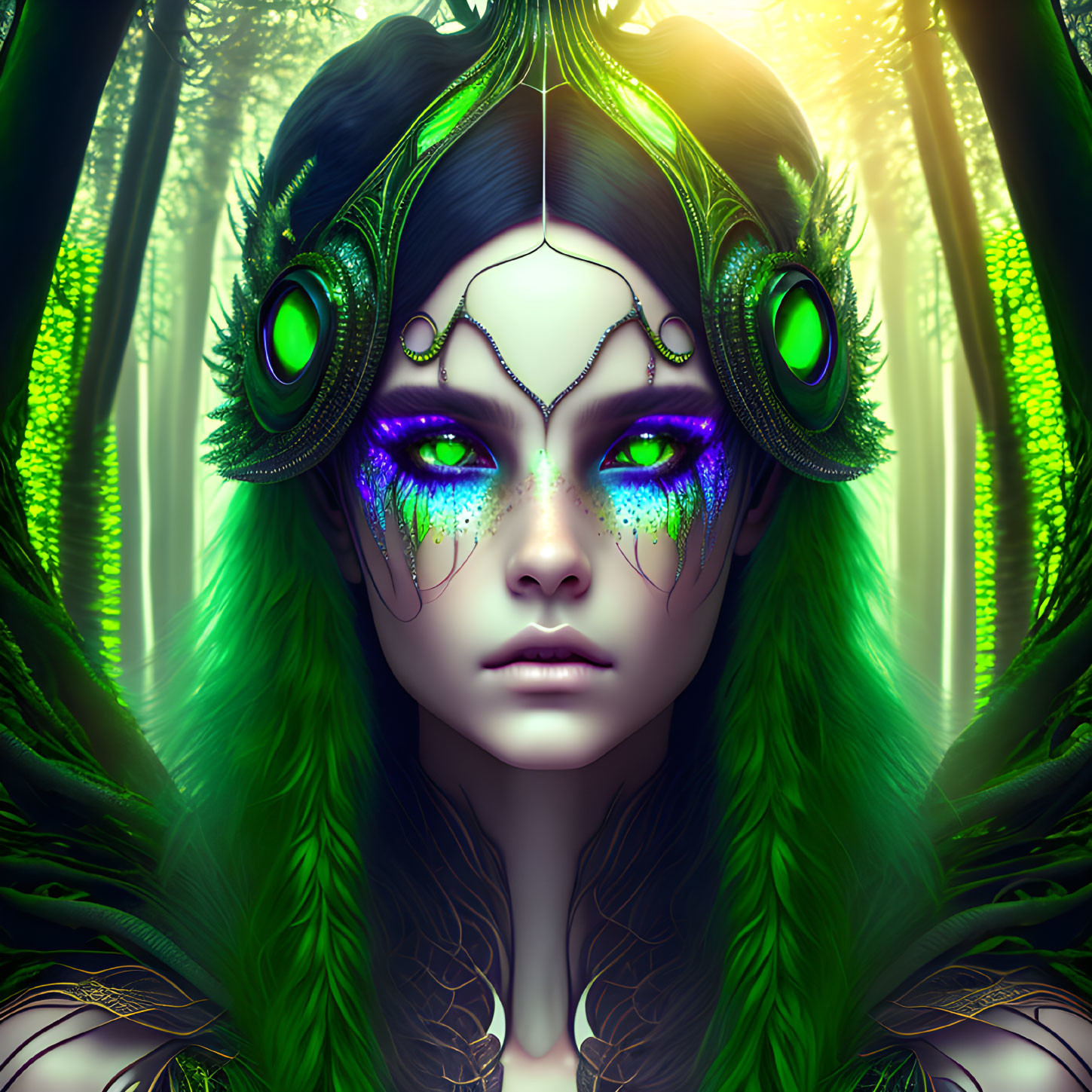 Digital portrait of mythical female figure with vibrant green eyes, feathered ear adornments, and decorative head