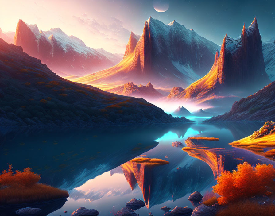 Fantastical landscape with snow-capped peaks, reflective lake, orange flora, and distant planet.