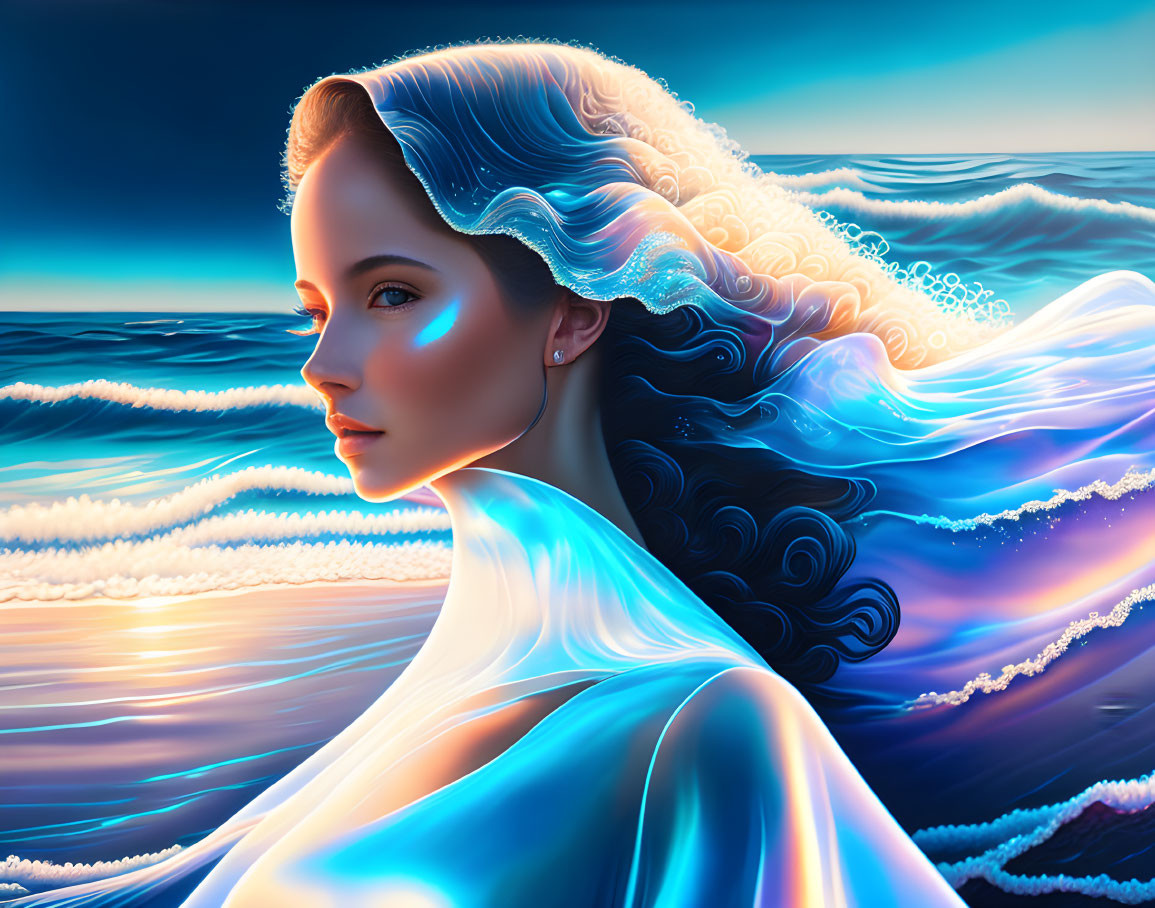 Surreal illustration of woman blending with ocean waves