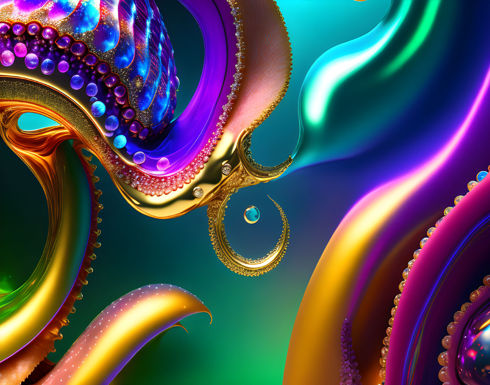 Colorful abstract art: swirling metallic shapes, jewel-like textures, rich blues, purples,