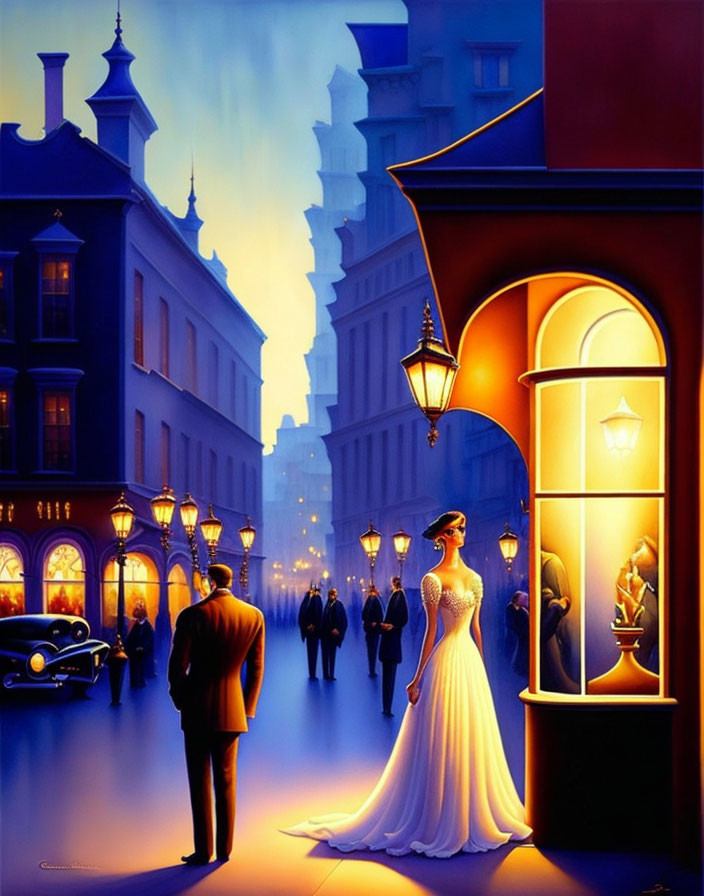 Vintage street scene painting with well-dressed woman and man, retro cars, and street lamps.