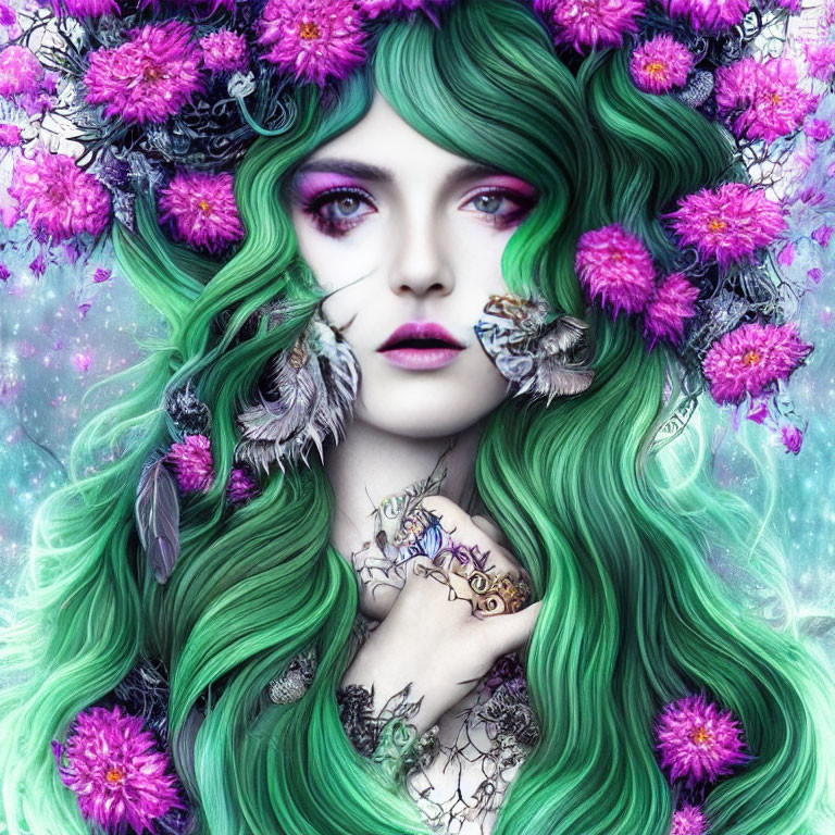 Fantasy illustration of woman with green hair, purple eyes, and butterfly on hand