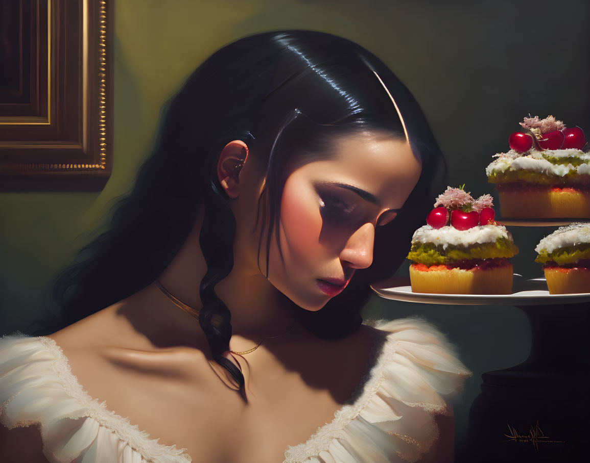 Portrait of Woman in White Dress with Cupcakes on Table