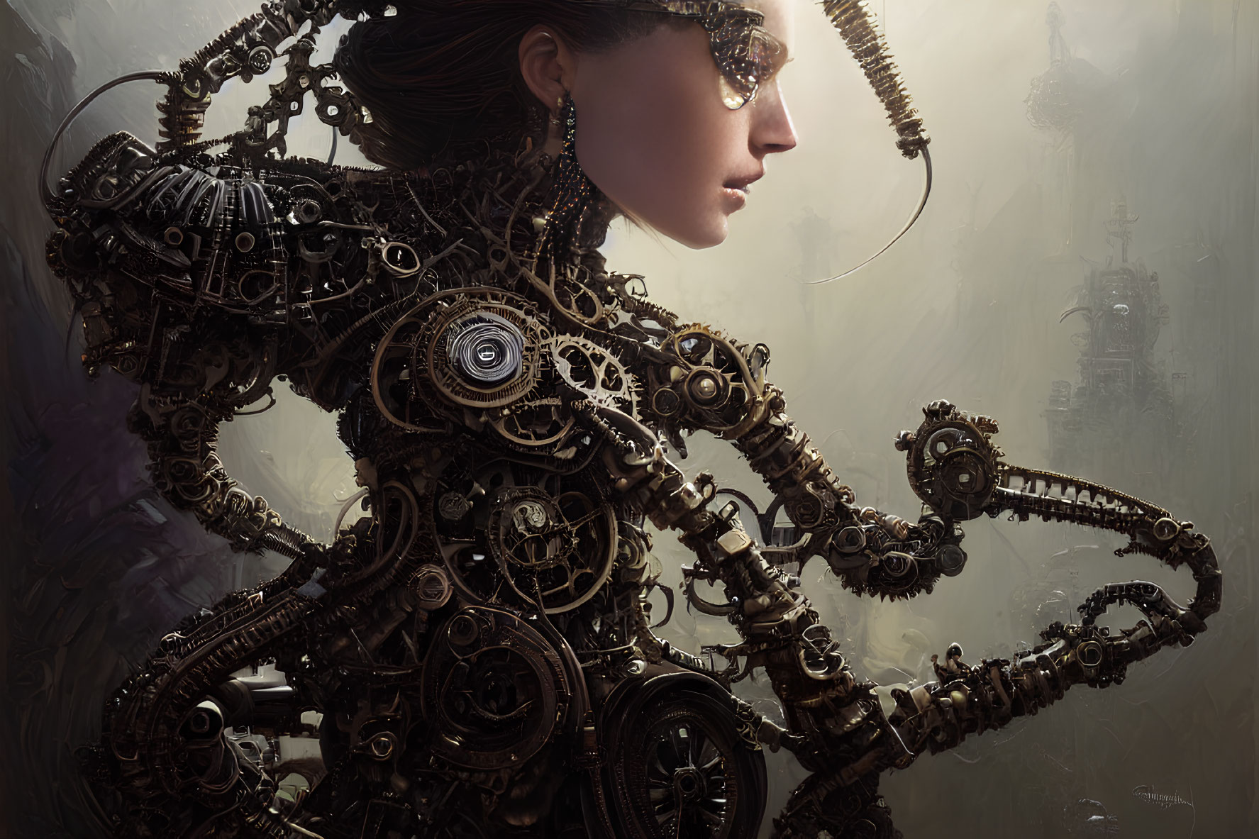 Steampunk Female Figure Profile with Mechanical Components in Industrial Setting