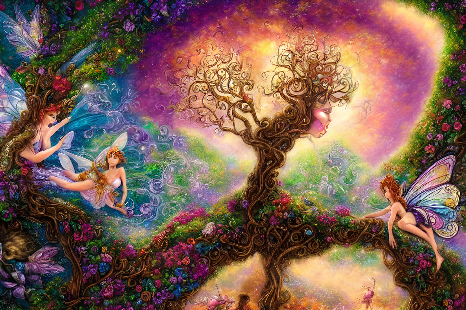 Fantasy artwork: Woman silhouette tree, fairies, colorful flowers