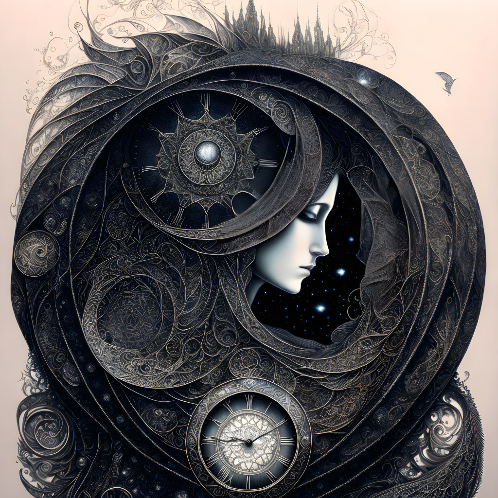 Surreal illustration of woman's profile with cosmic elements and bird