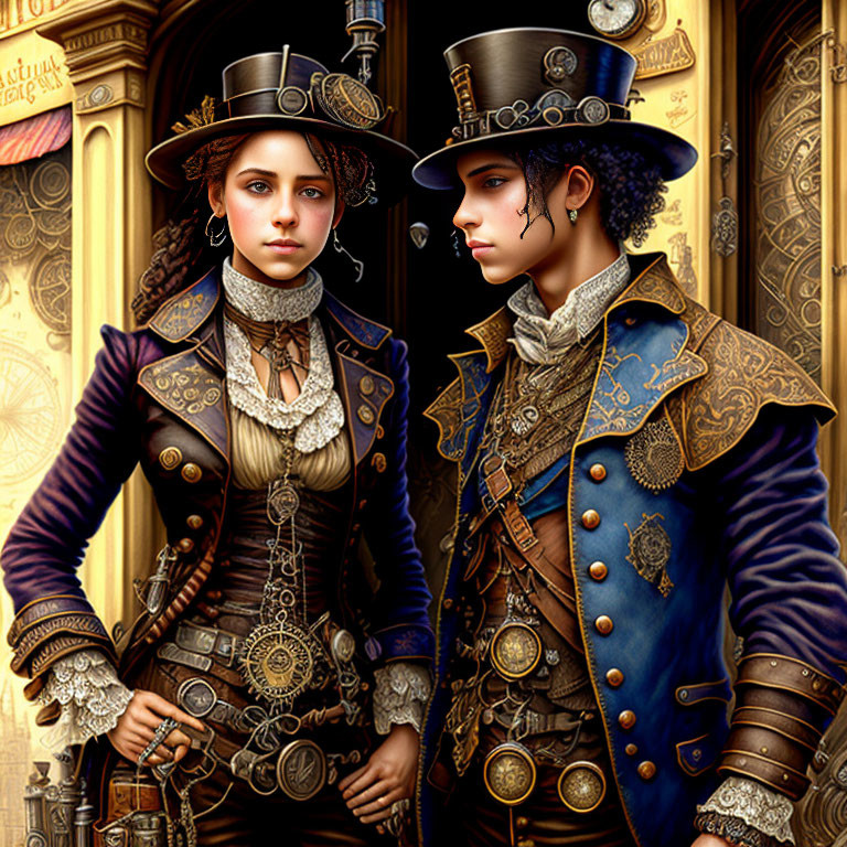 Steampunk-themed digital art of man and woman in ornate attire by decorative door