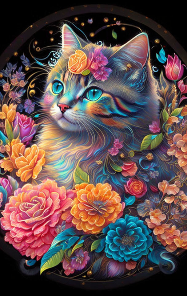 Vibrant Cat and Flowers Illustration with Bright Colors