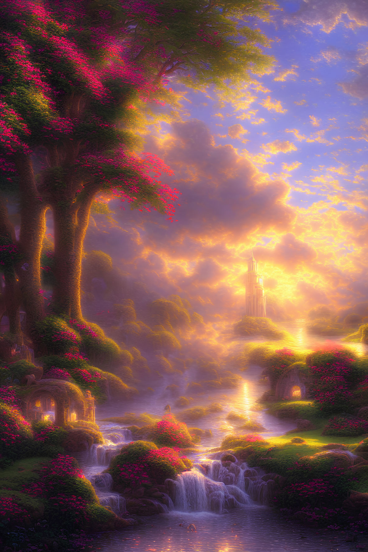 Enchanting landscape with ethereal trees and glowing light