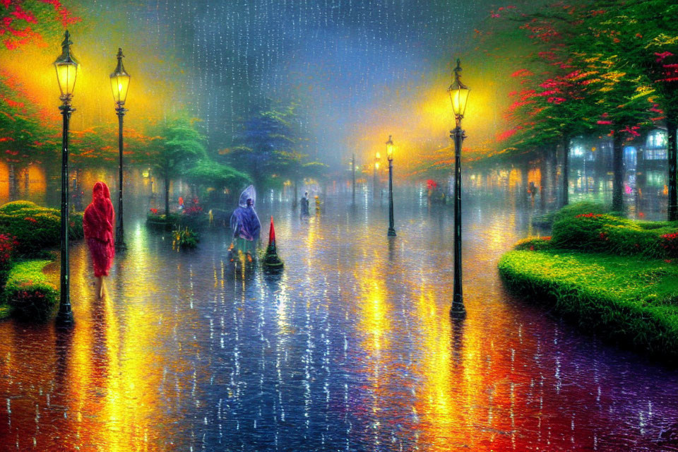 Colorful Painting of People with Umbrellas on Rainy Street