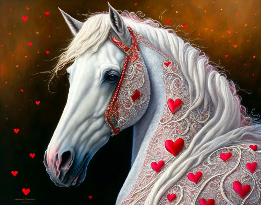 White Horse with Red Heart Decorations on Dark Background