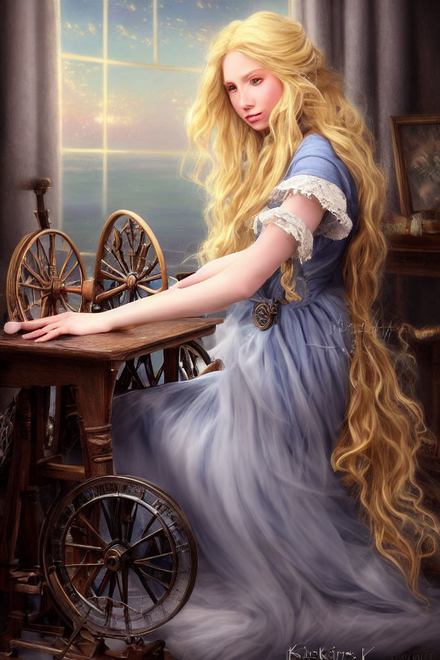 Blonde woman in blue dress by wooden spinning wheel