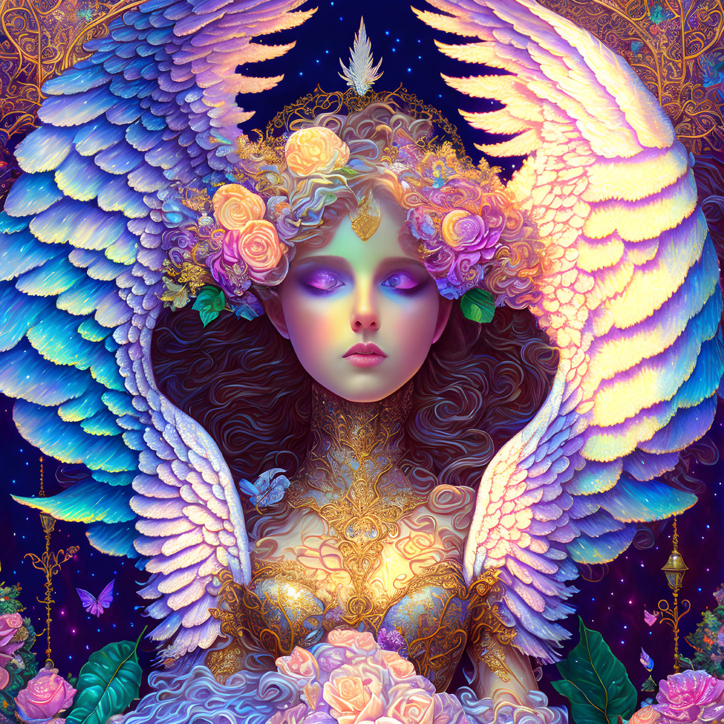 Colorful Illustration of Mystical Being with White Wings and Floral Accents