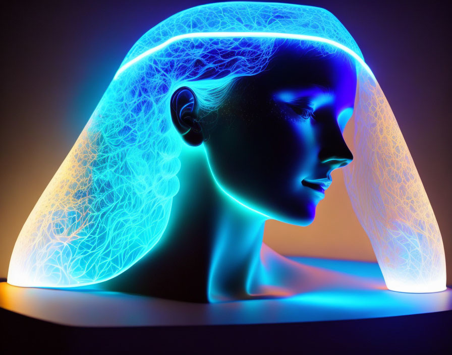 Woman's Profile with Neon Blue and Purple Lighting and Intricate Patterns