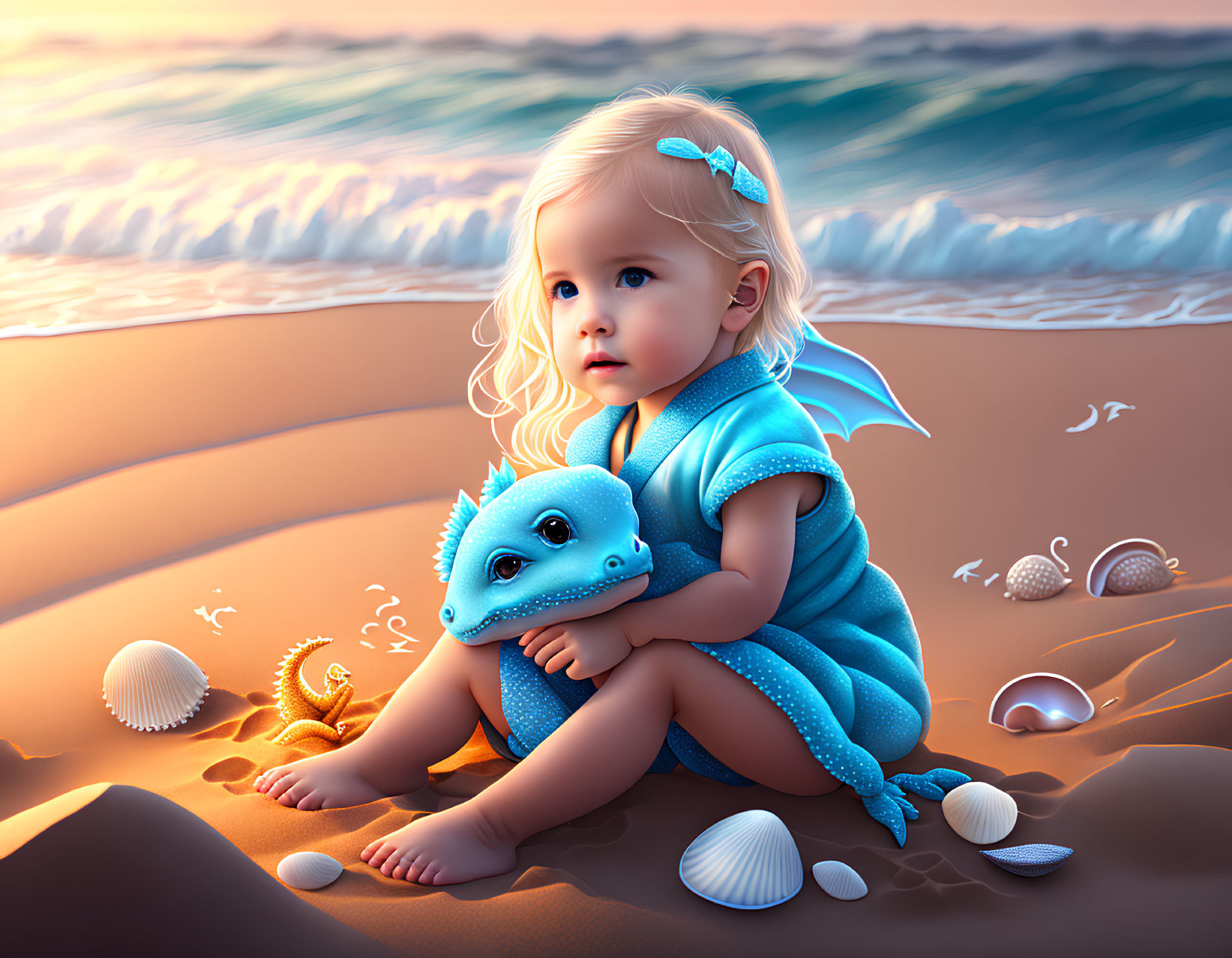 Toddler in Blue Outfit with Toy Dragon on Sandy Beach at Sunset